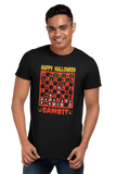 Black Halloween Gambit chess t-shirt, chess clothing, chess gifts, funny t-shirts, funny chess t-shirts