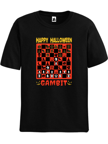 Black Halloween Gambit chess t-shirt, chess clothing, chess gifts, funny t-shirts, funny chess t-shirts
