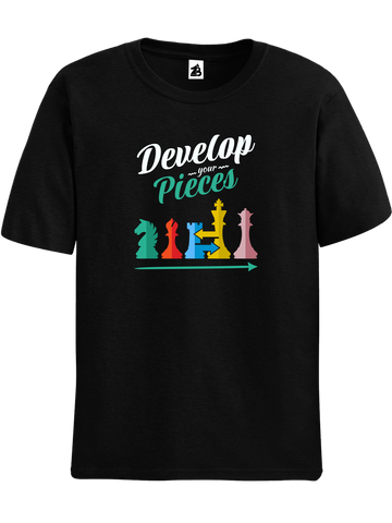 Black Develop Your Pieces chess t-shirt, chess clothing, chess gifts, funny t-shirts, funny chess t-shirts