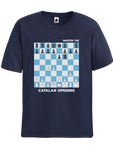 Navy Blue Catalan Opening chess t-shirt, chess clothing, chess gifts, funny t-shirts, funny chess t-shirts