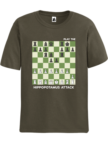 Army Green Hippopotamus Attack Chess t-shirt, chess clothing, chess gifts, funny t-shirts, funny chess t-shirts