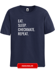 Navy blueEat sleep Checkmate repeat chess t-shirt, chess clothing, chess gifts, funny t-shirts, funny chess t-shirts