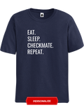 Navy blueEat sleep Checkmate repeat chess t-shirt, chess clothing, chess gifts, funny t-shirts, funny chess t-shirts