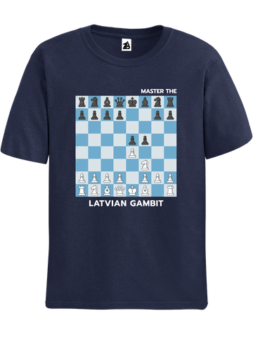 Navy Blue Latvian Gambit Chess t-shirt, chess clothing, chess gifts, funny t-shirts, funny chess t-shirts