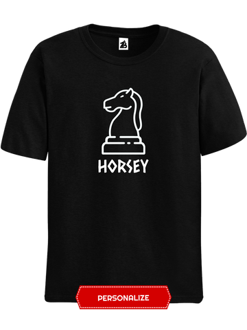 Black personalized Horsey Chess t-shirt, chess clothing, chess gifts, funny t-shirts, funny chess t-shirts