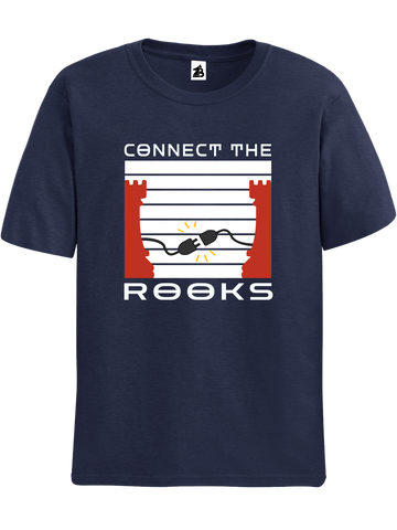 Navy Blue Connect The Rooks chess t-shirt, chess clothing, chess gifts, funny t-shirts, funny chess t-shirts