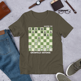 Army Green Grünfeld Defense chess t-shirt, chess clothing, chess gifts, funny t-shirts, funny chess t-shirts