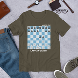 Army Green Latvian Gambit Chess t-shirt, chess clothing, chess gifts, funny t-shirts, funny chess t-shirts