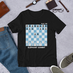 Black Elephant Gambit chess opening t-shirt, chess clothing, chess gifts, funny t-shirts, funny chess t-shirts