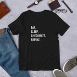 Black Eat sleep Checkmate repeat chess t-shirt, chess clothing, chess gifts, funny t-shirts, funny chess t-shirts