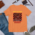 Orange Halloween Gambit chess t-shirt, chess clothing, chess gifts, funny t-shirts, funny chess t-shirts