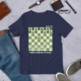 Blue Navy King's Indian Attack Opening Chess t-shirt, chess clothing, chess gifts, funny t-shirts, funny chess t-shirts