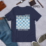 Navy Blue English Opening chess t-shirt, chess clothing, chess gifts, funny t-shirts, funny chess t-shirts
