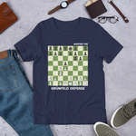 Navy blue Grünfeld Defense chess t-shirt, chess clothing, chess gifts, funny t-shirts, funny chess t-shirts