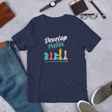 Navy blue Develop Your Pieces chess t-shirt, chess clothing, chess gifts, funny t-shirts, funny chess t-shirts