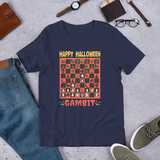 Navy Blue Halloween Gambit chess t-shirt, chess clothing, chess gifts, funny t-shirts, funny chess t-shirts